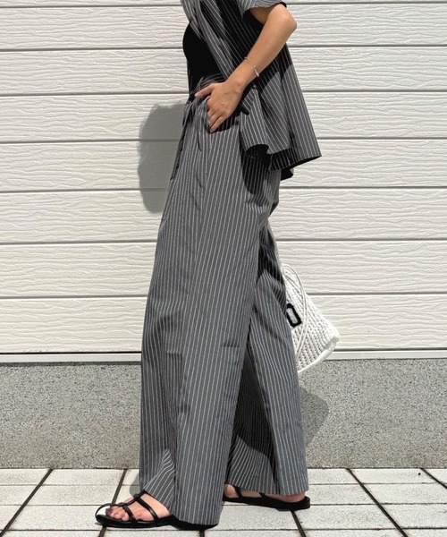 Q ワイドパンツ パンツ ピンストライプDカンベルトパンツ レディース