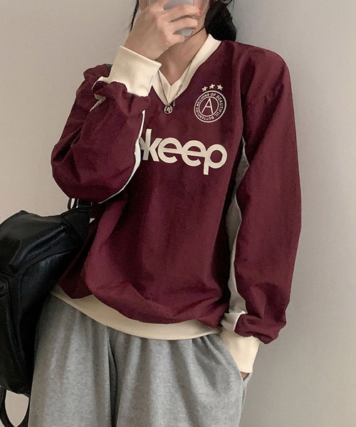 MEMECLE（メメクル） tシャツ 「 」プリントVネックゲームシャツ