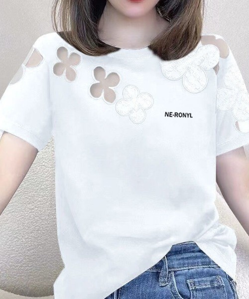 tシャツ フラワーカットアウトシースルー半袖Tシャツ レディース
