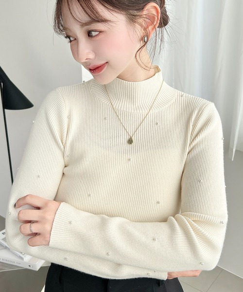 【新品·未使用】m,i,d, バックパールボタンハイネックリブニット moment+ ニット セーター パールハイネックリブニットプルオーバー