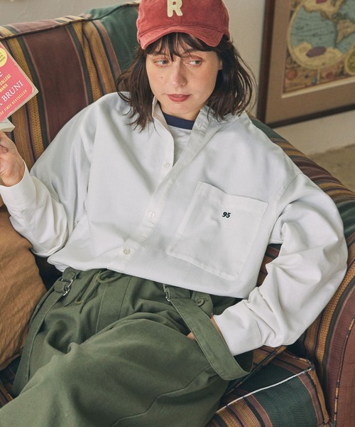 ブラウス シャツ アソートナンバリング刺繍 バンドカラー ビッグシャツ