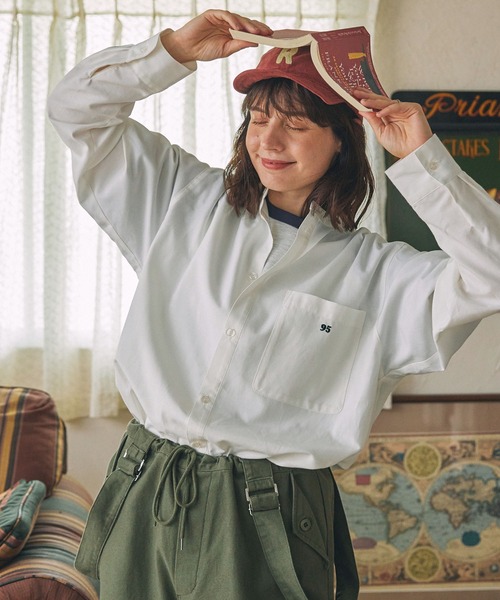 ブラウス シャツ アソートナンバリング刺繍 バンドカラー ビッグシャツ