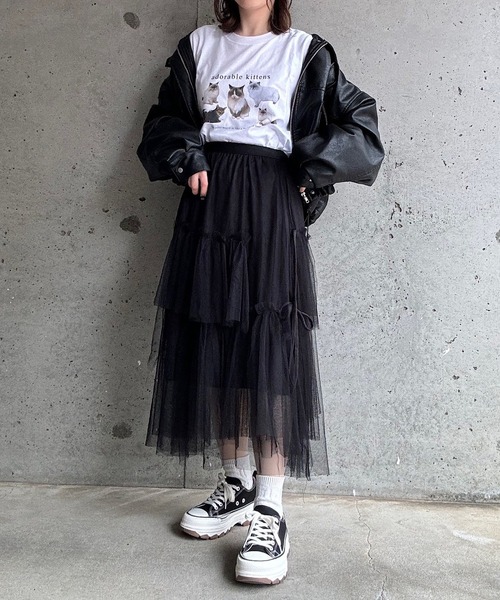 Dレディース　カジュアルロングTシャツ　プリント柄　英文字　白　黒　aw tシャツ 「低身長用サイズあり」CAT英字プリントロンT／長袖T