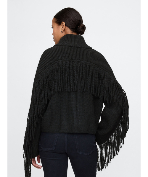 フリンジ付きブラックカーディガン GAP（ギャップ） カーディガン フリンジ ジップアップ カーディガン