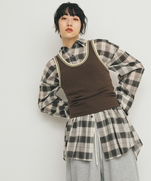 KBF ブラウス シャツ シアーチェックBIGシャツ レディース
