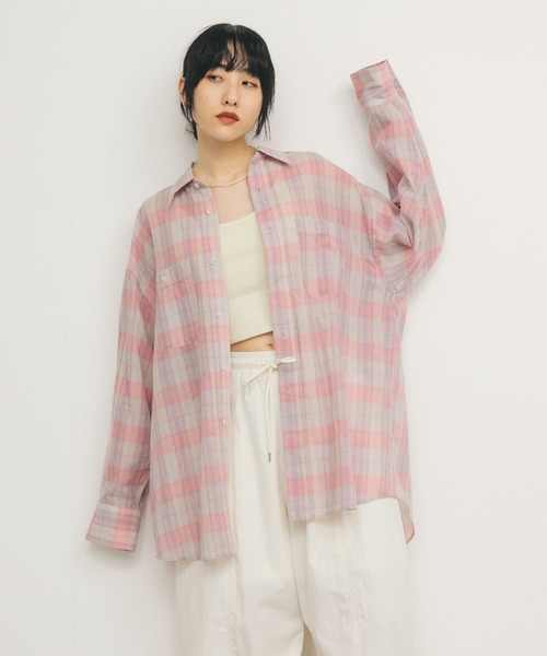 KBF ブラウス シャツ シアーチェックBIGシャツ レディース