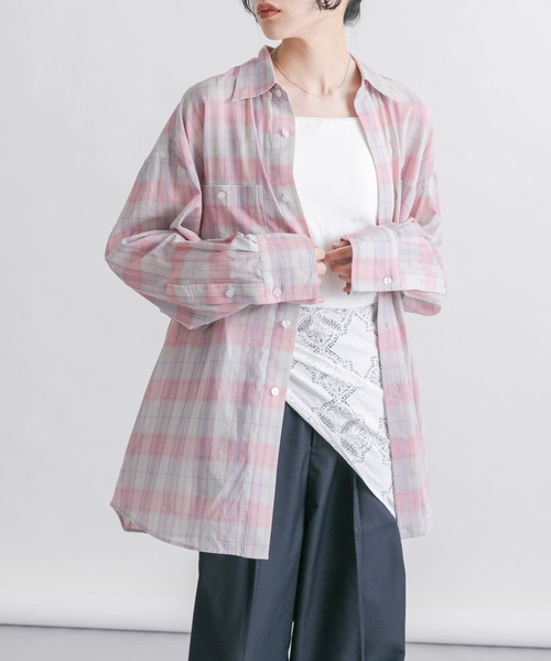 KBF ブラウス シャツ シアーチェックBIGシャツ レディース