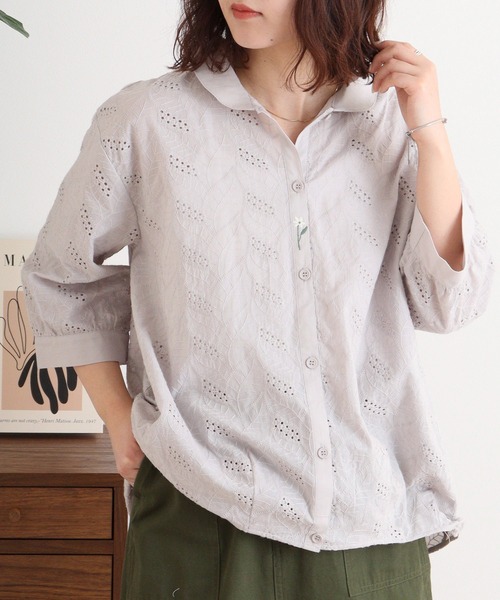 ブラウス シャツ EMAGO 透かし刺繍シャツ レディース