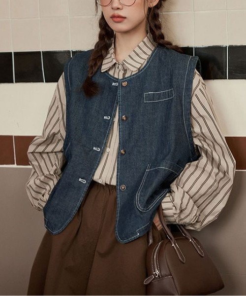 BLANC FICELLE ベスト ジレ ショート丈 デニム ジレ レディース