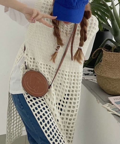 透かし編みニットロングジレ レディース