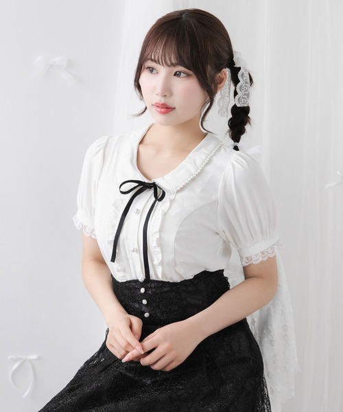 AD2024 24AW ストライプギャザーフレアフリル丸襟シャツ　ラウンドカラー AD2024 24AW ストライプギャザーフレアフリル丸襟シャツ ラウンド