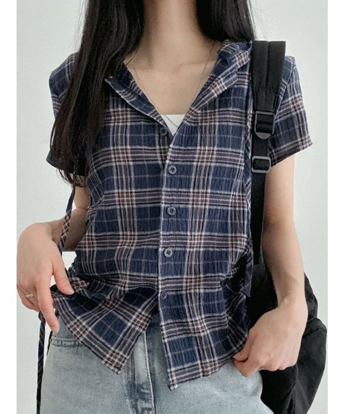 NANAHACHI tシャツ 半袖 フード付きチェック柄半袖シャツ レディース