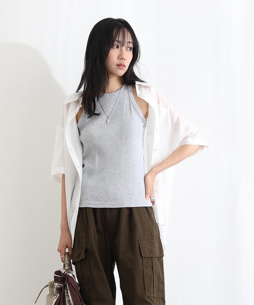 ElegChic キャミソール ランダムリブ アメリカンスリーブタンクトップ