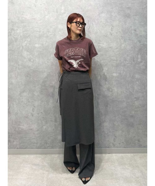 Mila Owen ゴムシガレットパンツ ブラック スリット Mila Owen パンツ 巻きスカートレイヤウエストゴムシガレット