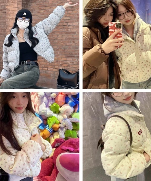 ダウンコート ダウンジャケット Y2K 花柄 スタンドカラー エコダウン