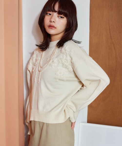 R06-1 (小花ニット) mysty woman（ミスティウーマン） ニット セーター 花刺繍プチハイ
