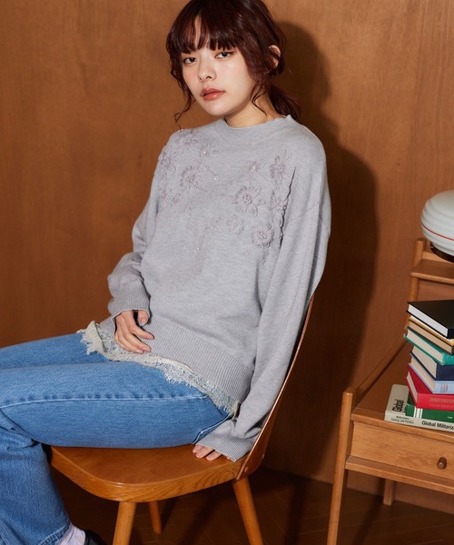 みな★ステッチリネンニット★ mysty woman（ミスティウーマン） ニット セーター 花刺繍プチハイ