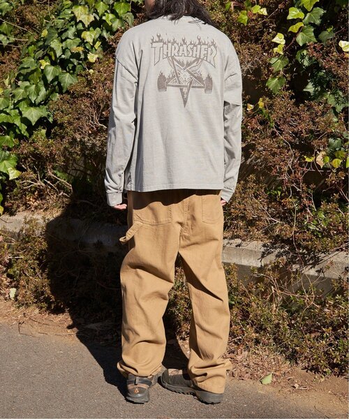 日本製デザイナー ふんわりギャザースリーブ別付けキャンディピンクTシャツ THRASHER（スラッシャー） tシャツ ピグメントプリントロンT メンズ