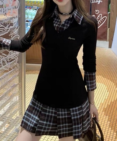 おしゃれスタ ワンピース レイヤード風チェックシャツワンピース