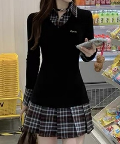 チェック柄 レイヤード風 カットソー ワンピース 半袖 おしゃれスタ ワンピース レイヤード風チェックシャツワンピース