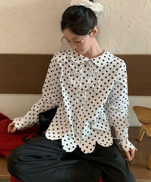 Achic（アシック） ブラウス シャツ ガーリーレトロ ドット柄長袖