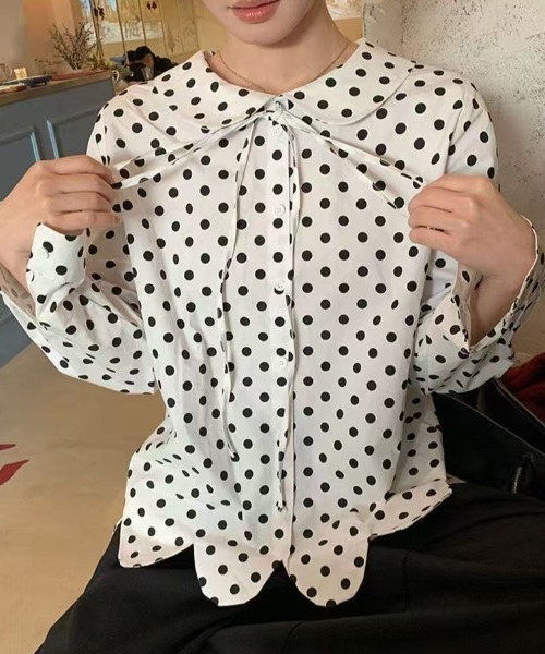 Achic（アシック） ブラウス シャツ ガーリーレトロ ドット柄長袖