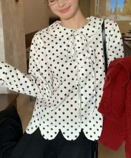 Achic（アシック） ブラウス シャツ ガーリーレトロ ドット柄長袖