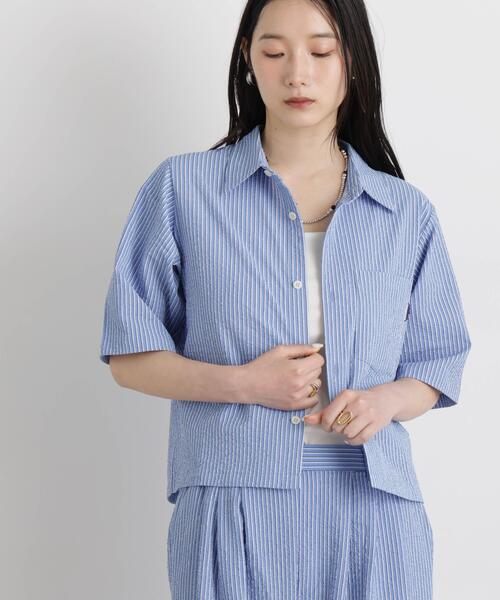 ブラウス シャツ THOUSAND MILE/SEERSUCKER STRIPE SHIRT(セットアップ可) レディースの画像