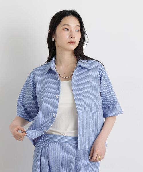 ブラウス シャツ THOUSAND MILE/SEERSUCKER STRIPE SHIRT(セットアップ可) レディースの画像