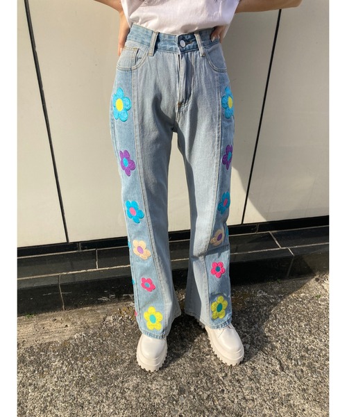 パンツ デニム ジーンズ フラワーワッペンデニムパンツ|ZOZOTOWN |06