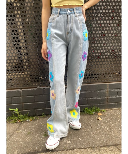 パンツ デニム ジーンズ フラワーワッペンデニムパンツ|ZOZOTOWN |09