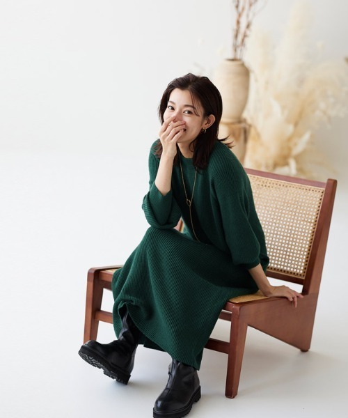 Pierrot（ピエロ） ワンピース パフスリーブロングニットワンピース