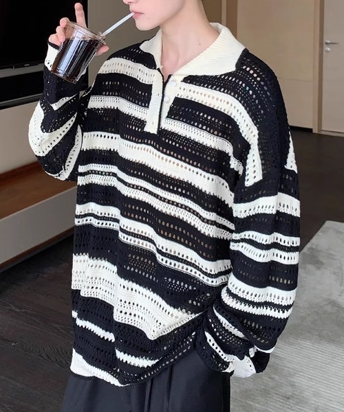ポロシャツ multi border mesh knit polo /マルチボーダー メッシュ 