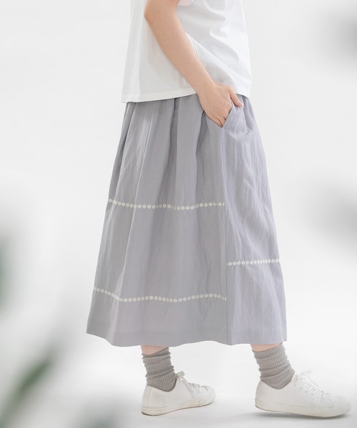 nop de nod スカート リネンレーヨンpolkaライン刺繍スカート