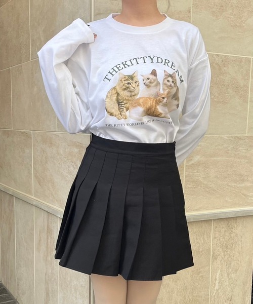 tシャツ ねこ英字プリントロンT／長袖Tシャツ レディース