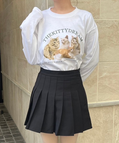 tシャツ ねこ英字プリントロンT／長袖Tシャツ レディース