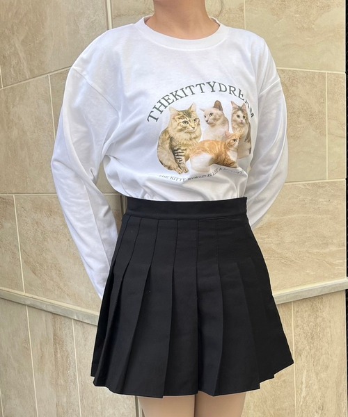 tシャツ 「WEB限定」ネコ袖プリントロンTee レディース tシャツ ねこ英字プリントロンT／長袖Tシャツ レディース