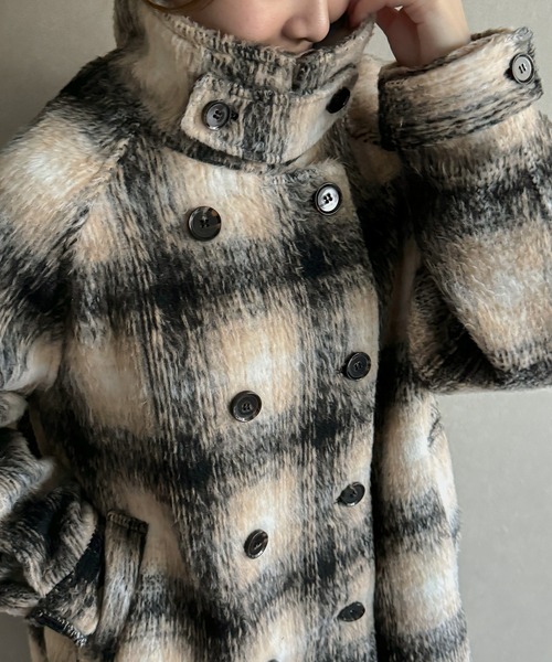 JUNOAH（ジュノア） コート アウター シャギーチェックコクーン