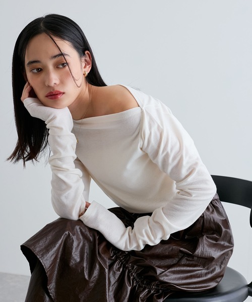 VIS（ビス） tシャツ 「洗える」ドレープオフショルダーロングTシャツ