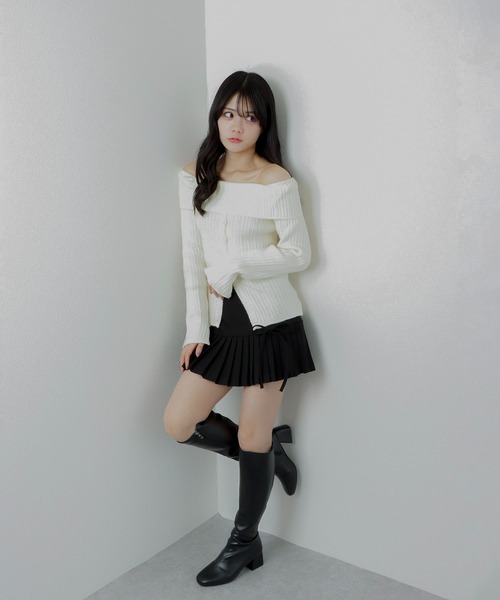 M DOLLY スカート side ribbon pleats mini skirt/サイドリボン