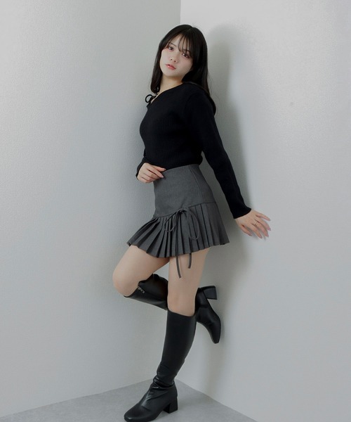 M DOLLY スカート side ribbon pleats mini skirt/サイドリボン