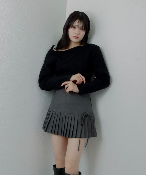 M DOLLY スカート side ribbon pleats mini skirt/サイドリボン