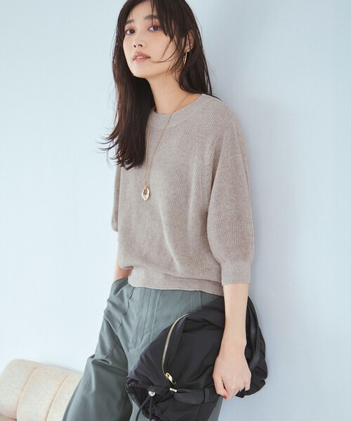 美品 23区 23SS ピュアリネンパフスリーブニット 緑 大きいサイズ 5L 23区 ニット セーター 「杏さん着用」ピュアリネン パフスリーブ