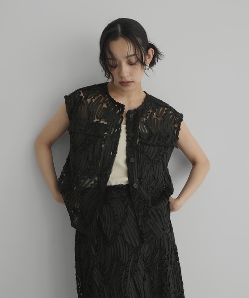 美品 Rossa インポートローサ レース メッシュ シアーベスト ジレ ジレ ベスト ロング レディース 透かし編み シアー レース