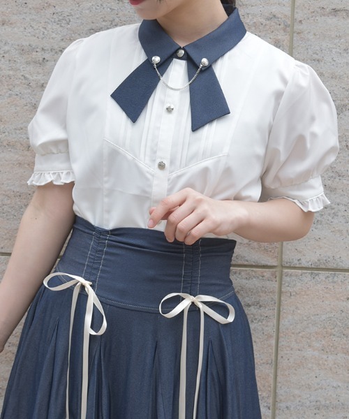 axes femme - タグ付　新品未使用　コットン風　パール襟半袖ブラウス　レモンイエロー axes femme - タグ付 新品未使用 コットン風 パール襟半袖