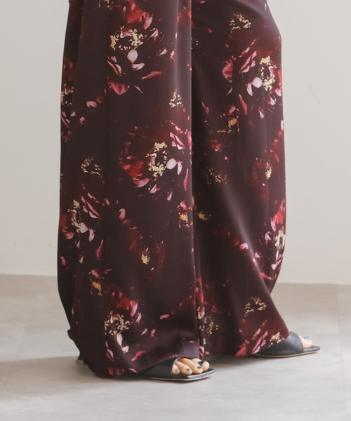 NOBLE スラックス パンツ 「洗える」フォトフラワープリント