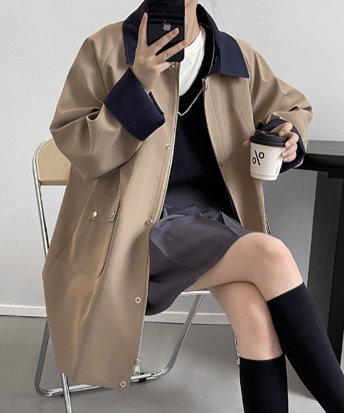 コート アウター バイカラー ミドル丈 スプリングコート レディース