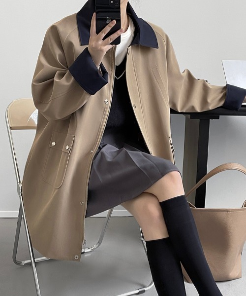 コート アウター バイカラー ミドル丈 スプリングコート レディース
