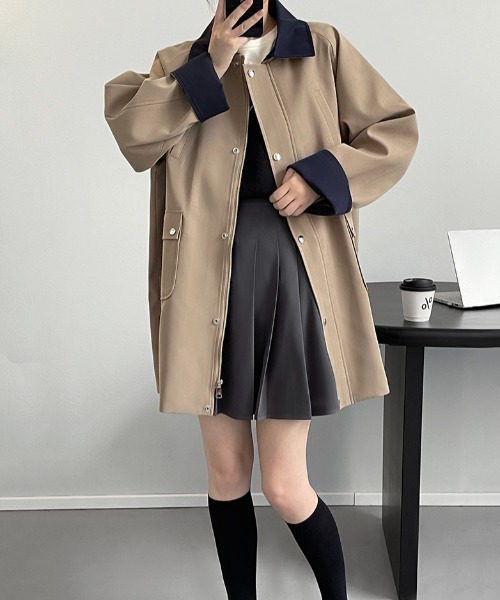 コート アウター バイカラー ミドル丈 スプリングコート レディース