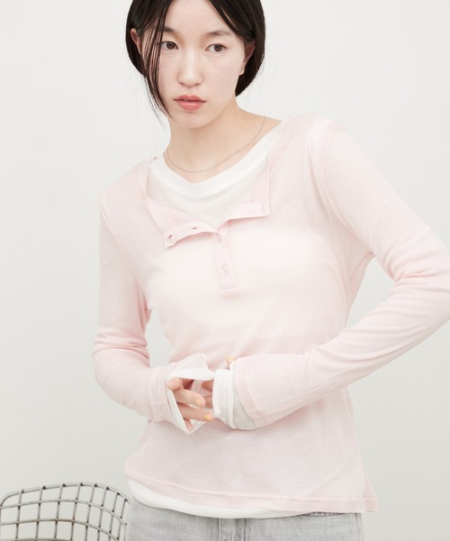 OFROOM ヘンリーネック tシャツ Sheer Layered Henley Top｜シアー